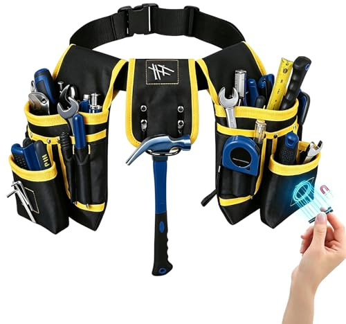 Oiieco Tool Belt, 27-Pockets Heavy Duty Work Belt with Magnetic Pouch & Hammer Holder, Adjustable Detachable Tool Organiser for Men Women Electrician Carpenter Construction