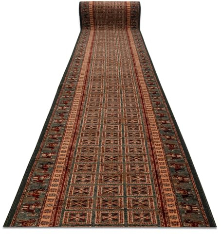 rugsx KASHQAI Läufer 4301/401 - Wollteppich - Teppich für Flur & Wohnzimmer - Orientalisch, Rahmen grün/terrakotta 67x150 cm