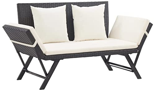 Fisinber Gartenbank 2-in-1 aus Poly Rattan, verstellbare Sonnenliege mit Sitzpolster & Kissen, Outdoor Bank für Garten & Terrasse, 130-176 cm, Schwarz/Cremeweiß