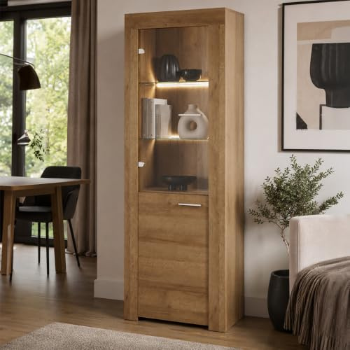 Lomadox Wohnzimmer Vitrine 70 cm breit in Eiche, 2 Türen inkl. Beleuchtung