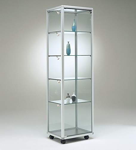 MHN Glasvitrine mit Rollen T 52,5 x B 52,5 x H 184,5 cm - schmale Glas Standvitrine abschließbar - Ausstellungs-Vitrine ohne Beleuchtung - mit Spiegel-Rückwand