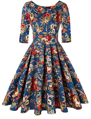 MINTLIMIT Women Vintage 1950s Retro Rockabilly Prom Pleated Dress with Sleeves (Floral Navy Blue,Size L)