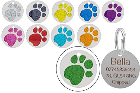 Personalised Engraved Round Glitter Paw Print Dog/Cat Pet ID Tag Small/Large (32mm - Large, Green)