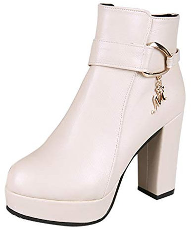 Stivali Donna Stivaletti alla Moda con Cerniera a Tacco Alto con Plateau e Testa Tonda (39 EU,Beige)