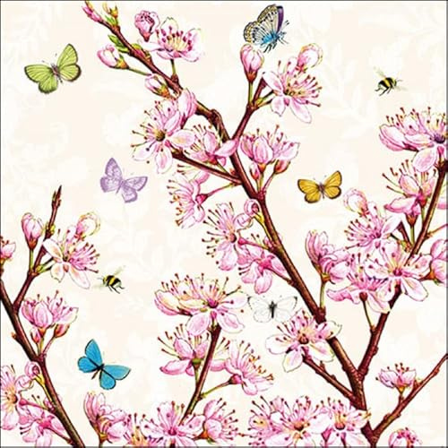 20 Servietten Bienen und Schmetterlinge an Blüten als Tischdeko für den Frühling 33x33cm