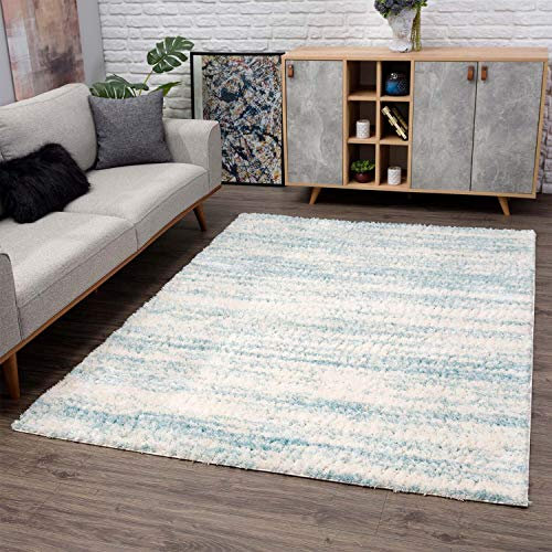 carpet city Teppich Läufer Shaggy Hochflor - Modern Meliert 80x300 cm Blau Creme - Teppiche Wohnzimmer