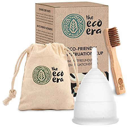 The Eco Era Menstruationstassen-Set Größe S, mit Baumwolltasche und Bambusbürste - Alle Artikel sind farbstofffrei, geruchlos, die umweltschonende Alternative zu Tampons/Binden - 3 Tlg. Set