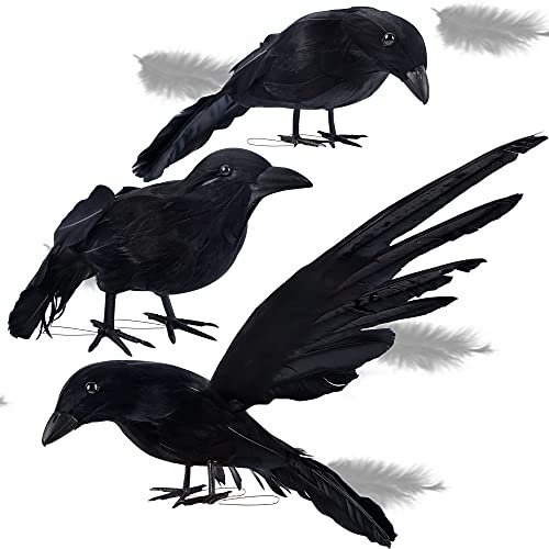 ATDAWN Halloween schwarz gefiederte Krähen realistisch aussehende Rabe Halloween Requisiten Dekor Gruselige Halloween Party Home Dekorationen 3 Pack