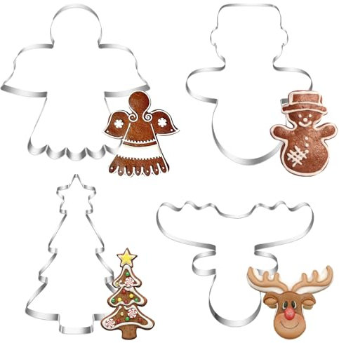 Moldes de galletas de Navidad, 4 unidades, muñeco de nieve, cortador de galletas de acero inoxidable, cortadores de galletas para árbol de Navidad, cabeza de alce grande, cortador de galletas de
