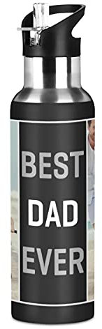 Bouteille d'eau personnalisée avec photo personnalisée - Cadeau pour les pères - Bouteille d'eau isotherme en acier inoxydable avec paille - Pour école de sport - 590 ml