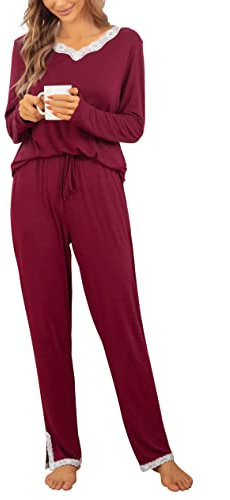 Lovasy Pigiama Donna Invernali Cotone Caldo a Maniche Lunghe con Scollo a V in Pizzo Sexy Lungo Pantaloni con Tasche S-XXL, Rosso,XL