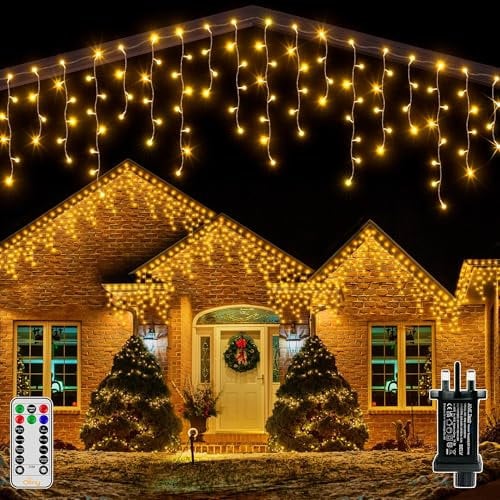 Ollny Icicle Outdoor Christmas Lights, 396 LED 10M Waterproof Hanging Fairy Light, Plug/Remote/8 Modes/Timer/Connectable Warm White String Light, Lighting Outside Gutter House Roof Xmas Decorations