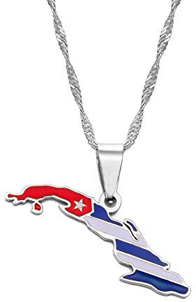 Kuba Karte Anhänger Halskette - Farbige Flagge Hip-Hop Kette Charm Schmuck, Stern Und Streifen Land Stadt Karten Kontur Ethnisch Für Frauen Männer Unisex Partygeschenk,Silber,17,71 Zoll (45 Cm)