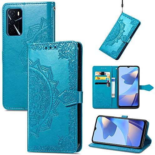 Fertuo Cover per OPPO A16 / A16S / A54S, Custodia Portafoglio a Libro in Pelle Flip Cover con Porta Carte, Chiusura Magnetica [Disegni di Mandala] Case Antiurto per OPPO A16 / A16S / A54S, Blu