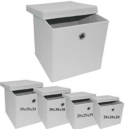 A406 3x Foldable Storage Boxes with Lid Storage Basket with Lid Fabric Cubes with Handles Collapsible Fabric Organiser Clothes Storage Box (Medium -25x25x25cm, White)