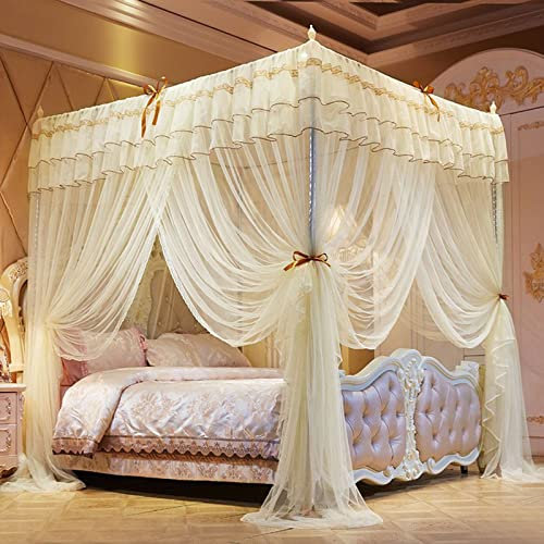 DUXY Moskitonetz, Luxus Prinzessin Betthimmel mit Edelstahlhalterung, Betthimmel mit 4 Eckpfosten 3 Seitenöffnungen, für Mädchen Kinderbett Kinder Erwachsene, Bettwäsche Dekor,Gelb,180x220cm