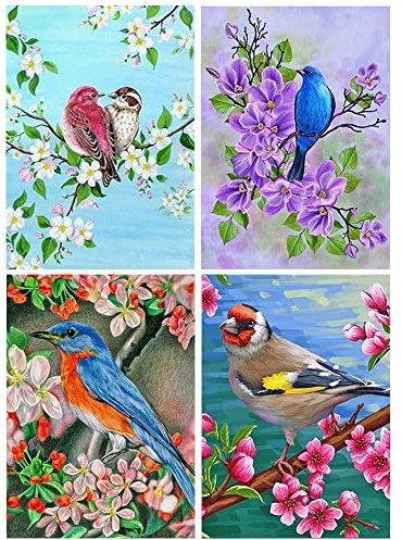 4 Stück Diamond Painting Vögel 30x40 cm 5D Diamant Painting Bilder DIY Diamant Malerei Arts Craft Kinderzimmer Wanddekoration Dekoration Diamond Painting Vogel Blumen für Erwachsene Kinder Anfänger