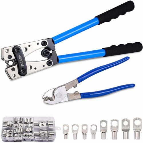 Pinza Crimpatrice per Capicorda e Giunti in Rame da 10 a 1/0 AWG, 6/10/16/25/35/50 mm² con 60 Pezzi Capicorda di Potenza, Tagliacavi per Cavi Batteria