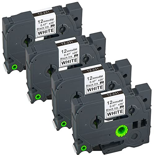 TZE-231 P-Touch Etikettenmacher-Klebeband, Ersatz für Brother PTouch 12 mm, schwarz auf weiß, laminiert, kompatibler Etikettenhersteller, für PT-1010, PT-1010B, PT-1010NB, PT-1010R, PT-1010RDT,