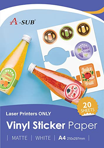 A-SUB Weißes mattes hochwertiges wasserfestes bedruckbares Vinyl-Aufkleberpapier, selbstklebende Vinyl-Etiketten für Laserdrucker, A4-Format, 20 Blatt