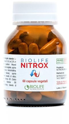 Biolife Nitrox - Integratore Maca Nera, Vitamina B3, B5 e B6, Zinco, Selenio e L-Arginina, Performance e resistenza muscolare, 60cps da 550mg