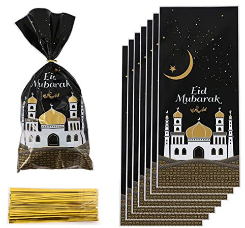 Eid Mubarak Geschenktüten, 50 Stück Eid Mubarak Partytüten, Ramadan Theme Moschee Gedruckte Muster Geschenkbeutel Eid Mubarak Partytüten mit 50 Twist Krawatten für Eid Mubarak Party Deko (Schwarz)