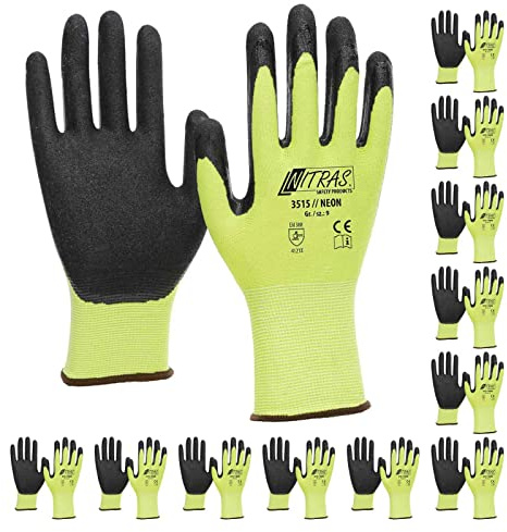 NITRAS 3515 Neon Strickhandschuh mit gesandeter Nitrilbeschichtung neongelb. Bauhandschuh, VPE 12 Paar, Größe:12