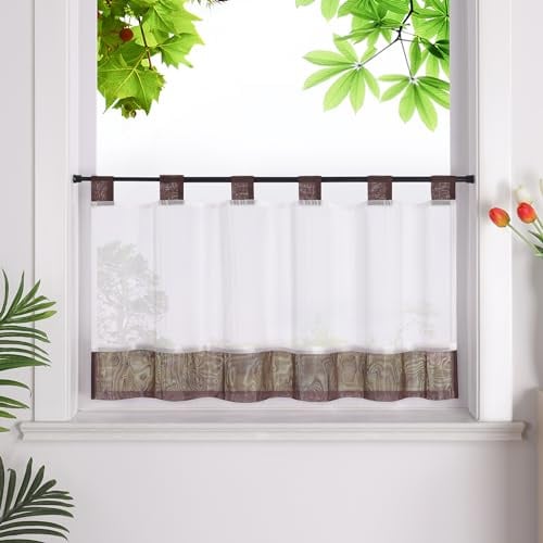 HeichkelL Scheibengardine, Leinenoptik Gardine, Braun HxB 45x90 cm | Küchengardine mit Schlaufen, Halbtransparent Bistrogardine, Landhausstil Kurzstores