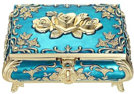 HOUSN Vintage Schmuckkästen mit Deckel aus Metall Blau mit Goldblumeform Schmuckbox Schmuckkiste Schmuckkoffer für Ring Armband Ohrringe von Damen Geschenk für Weichnachten Geburtstag,2