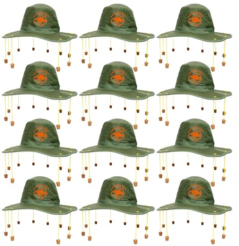 Australien Korkhut - 12 Stück - Grüner Hut mit orangefarbenem Känguru-Abzeichen und hängenden Korken - Australien Kostüm Zubehör Australien Day Zubehör