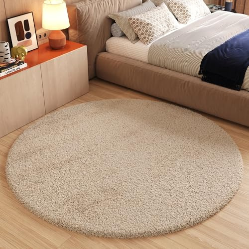 TAPISO Essence Teppich Rund Beige Hochflor Langflor Shaggy Einfarbig Weich Flauschig Schlafzimmer Wohnzimmer Kinderzimmer ÖKO-TEX 120 x 120 cm
