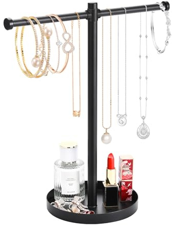 bodkar Jewelry Necklace Organizer Stand,12.9 Tall Sturdy Metal Jewelry Stand with Round Tray for Bracelet Bangles Holder Display,Long Necklace Organizer Holder (black)