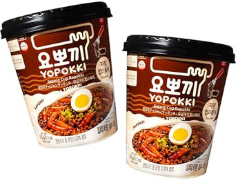 Rapokki Doppelpack Jjajang Reiskuchen & Ramen Nudeln im Becher - Korean Instant Rice Cake Cup - Tteokbokki Koreanischer Reiskuchen - Schwarze Sojabohnen - OG ASIA - 2x 145g