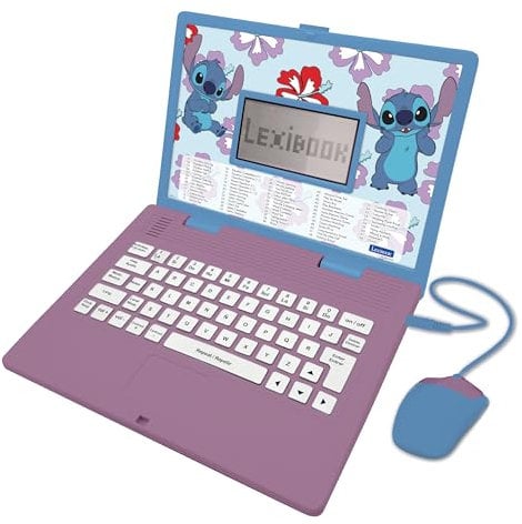 LEXIBOOK, Disney Stitch, Ordenador Educativo bilingüe en inglés/español, 124 Actividades de lenguaje, Escritura, matemáticas, lógica, música y Juegos, para niños y niñas, JC598Di2