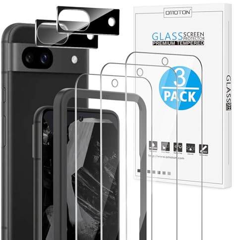 OMOTON Lot de 3 + 2 protections d'écran pour Google Pixel 8a, lot de 3 protecteurs d'écran en verre trempé et 2 protecteurs d'objectif d'appareil photo pour Pixel 8a sorti en 2024 de 6,1, compatible