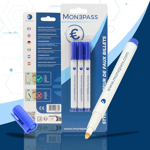 Lot de 3 stylos détecteur de faux billets spécial Euro - Tout nouveau modèle dédié à l'euro pour encore plus d'efficacité. Détection faux billets de banque - Marque Française