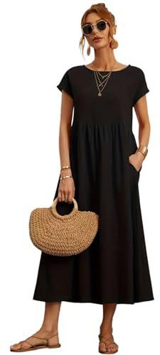 Hanaoops Womens Summer Maxi Dress Casual Short Sleeve Crew Neck Swing Dress Loose Comfy A Line Tunic Long Beach Dress with Pockets Black