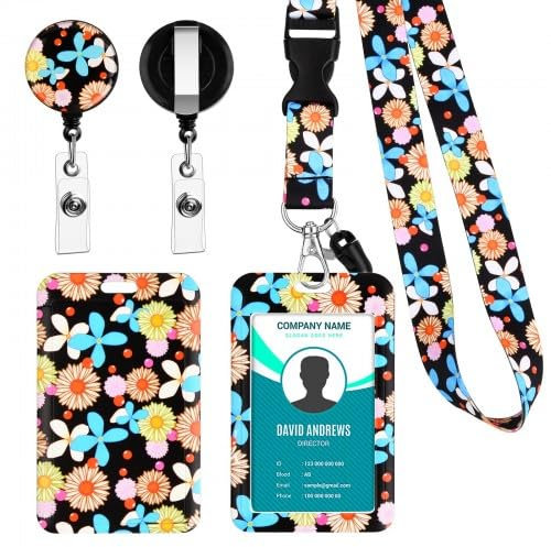 Portabadge Collo Retrattile, Porta Badge da Collo, 11x7cm Porta Badge con Cordino, Cavo Staccabile con Clip Retrattile per Porta Badge Identificativo, Ufficio Scuola (Fiore blu)