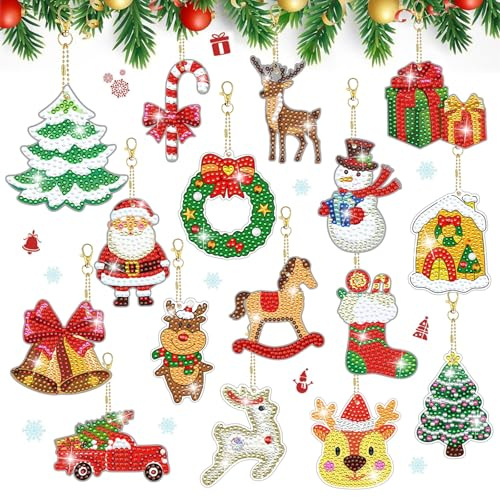 Lymshine Diamond Painting Weihnachten Anhänger, 16 Stück Diamont Painting Schlüsselanhänger Beidseitig, 5D DIY Bastelset Set für Weihnachtsdeko Weihnachtsbaum Fenster