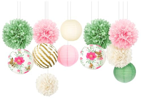 NICROLANDEE Grün Rosa Hochzeitsdekorationen, 12 Stück Schmetterling Blumen Seidenpapier Pompons Papierlaternen für Feen-Geburtstagsparty Dekorationen, Garten Babyparty Deko, Frühlings Osterparty-Dekor