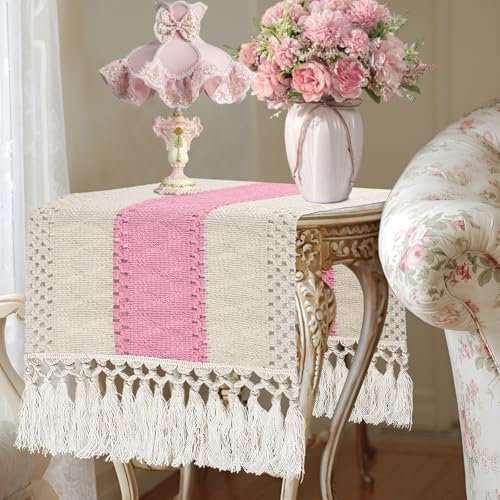 yuboo Tischläufer in Pastellrosa, Boho-Stil, kleiner Makramee-Kommode, Tischläufer für Nachttisch, Couchtisch, Beistelltisch, Esszimmer, Landhausdekoration, 91,4 cm lang