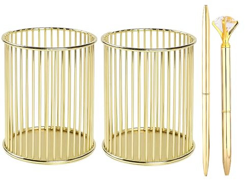 Jiayaus2 Pièces Pot a Crayon Bureau avec 2 Stylos Or, Bureau Porte Stylos en Métal Creux, Rond Pot Crayon Support de Rangement pour Maison, Bureau, École (Doré)