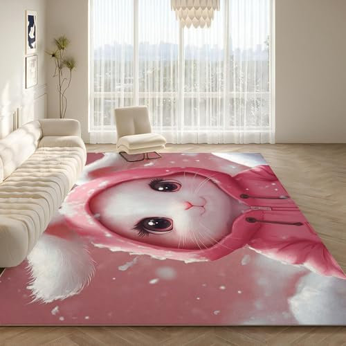 NAWVNMI Waschbarer Teppich Krabbelmatte Babyzimmer Kinder rutschfest Flauschig Teppich Teppich Kinderzimmer Junge Mädchen Kinderteppich, Rosa Hase - Hoodie Hase, 200 x 300 cm