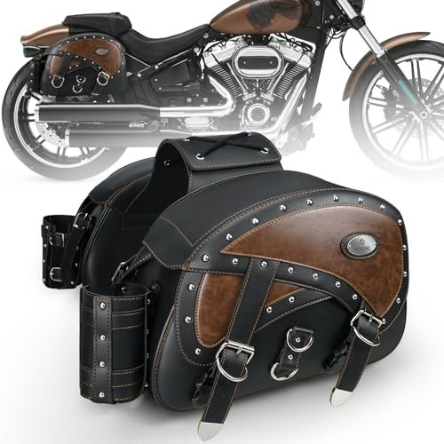 NICECNC Motorrad Satteltaschen Leder, 35L Große Kapazität Überwurf Satteltaschen Motorrad Seitengepäcktaschen mit Getränkehaltern Compatible with Sportster Softail Dyna Shadow Road King Universal,