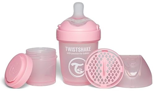 Twistshake Pro Double Anti-Kolik Babyflasche mit Milchpulverbehälter und Mixer - 180 ml | Langsam Fließende, Brustähnliche Brustwarze aus Silikon | BPA-freie | Geeignet für Neugeborene (0+) | Rosa