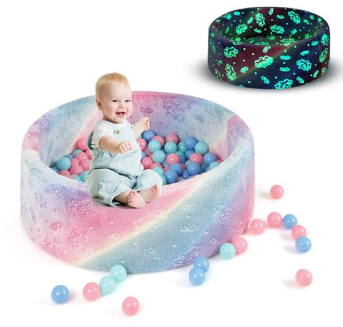 COSTWAY Piscine à Balles Phosphorescente en Mousse Enfant 86x30cm avec 200 Balles Océaniques, Fosses à Balles Ronde Bébé avec Motif Licorne & Tissu en Flanelle, Rose