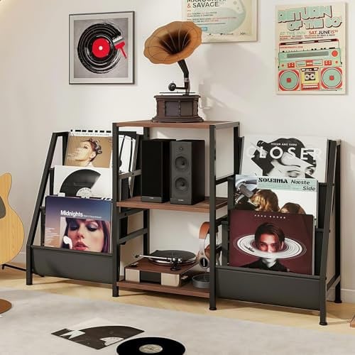 WUDLEP Record Player Stand, Turntable Stand with Storage Up to 350 Albums, Vinyl Record Holder with Display Area, Record Stand Table for Music room (Black)