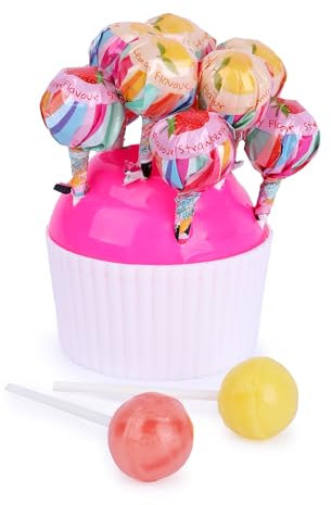 Lollis als Blumenstrauß oder Cupcake mit Erdbeer-, Zitronen- & Orangengeschmack – Lollipops-Geschenk für Kindergeburtstag, Candy Bar & Mitgebsel – Straußfarbe zufällig (Pink, Grün, Lila) (Cupcake)