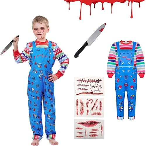 Huraogcos Chucky Kostüm Kinder Chucky Maske Gefälschte Messer Halloween Overalls Kostüm für Jungen Mädchen (Halloween tattoo gesicht, L-140cm)