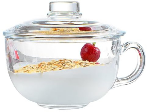 Tazza in vetro resistente al calore da 600 ml, adatta al microonde, con coperchio in vetro, ciotola per cereali e colazione, tazza da tè e caffè a bocca larga